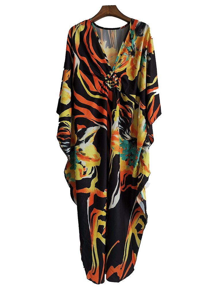 New Cover-up Over size Print Bohemian Maxi Dress Summer Swimsuit Cover Up Multi One Size