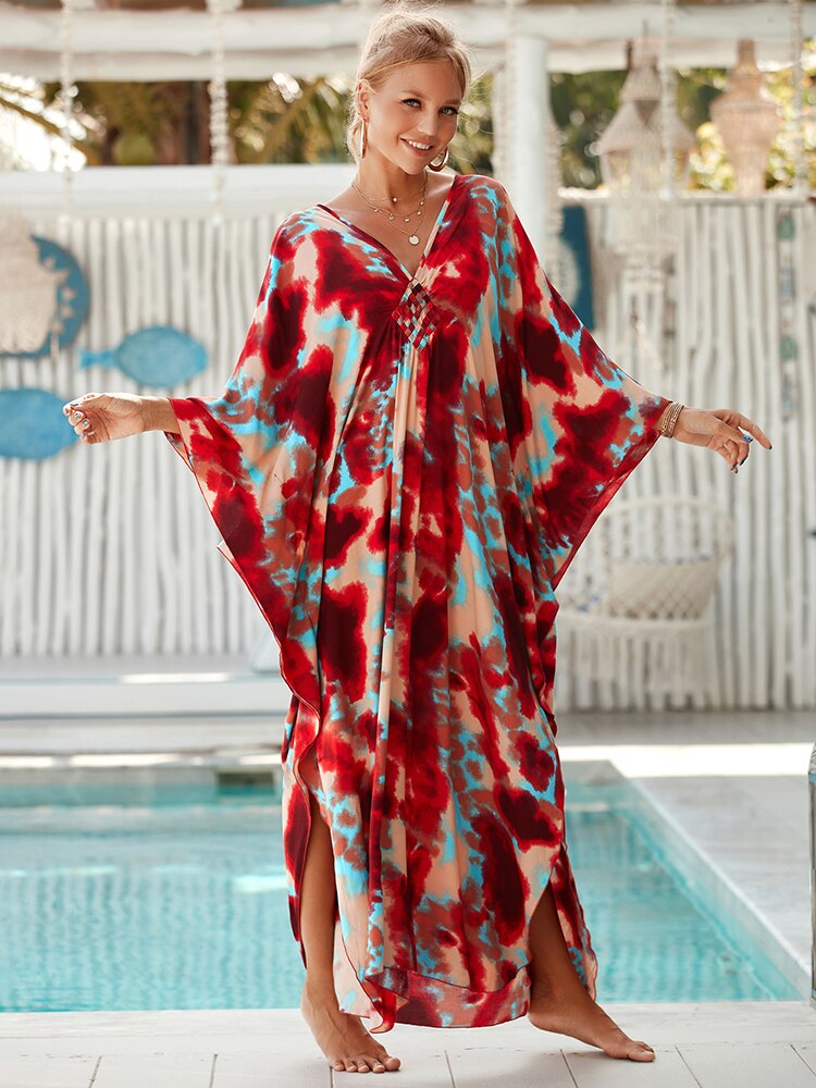 New Cover-up Over size Print Bohemian Maxi Dress Summer Swimsuit Cover Up Color-23(Rayon) One Size