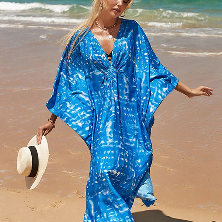 New Cover-up Over size Print Bohemian Maxi Dress Summer Swimsuit Cover Up Blue One Size