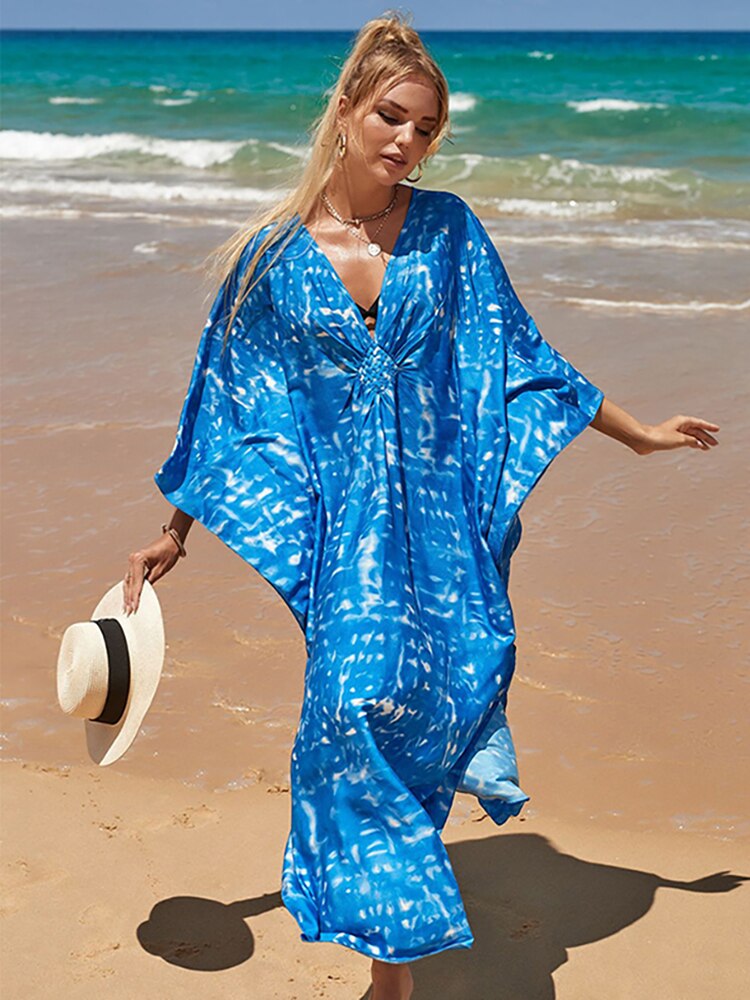 New Cover-up Over size Print Bohemian Maxi Dress Summer Swimsuit Cover Up Blue One Size