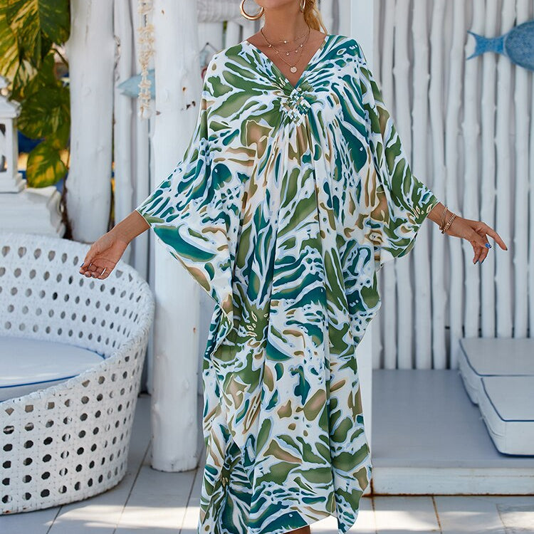 New Cover-up Over size Print Bohemian Maxi Dress Summer Swimsuit Cover Up Color-26(Rayon) One Size