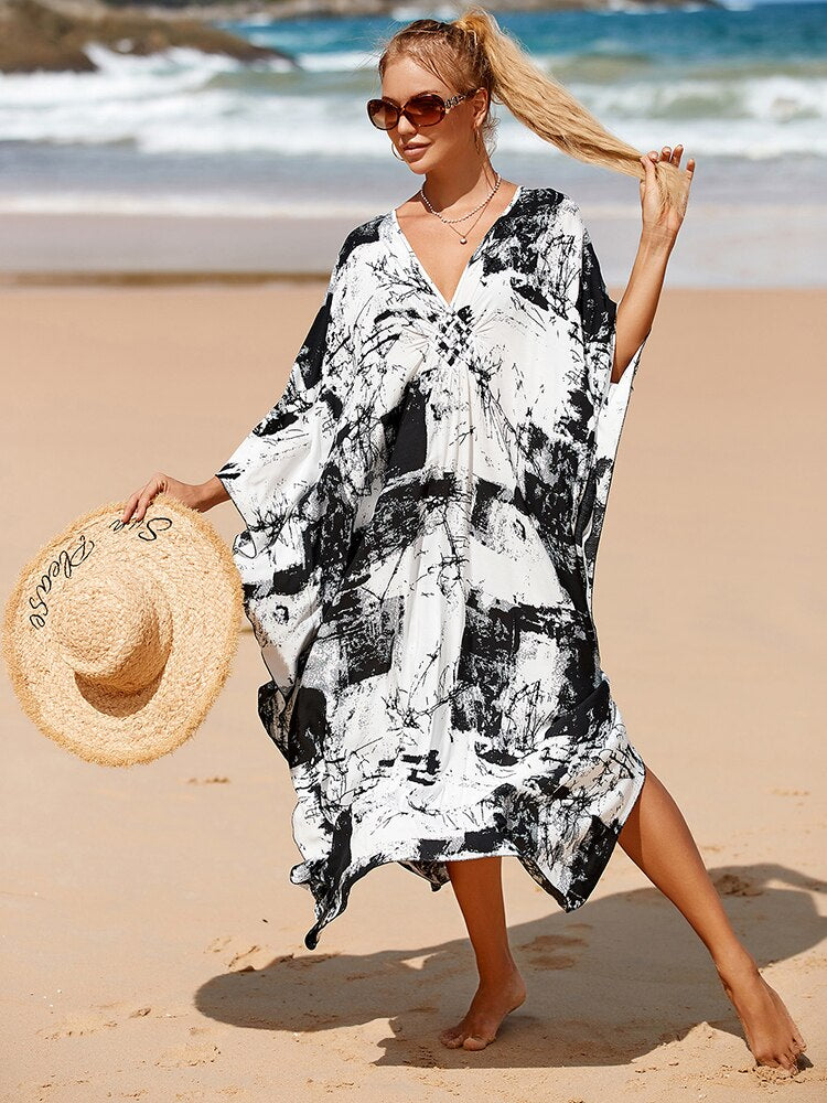 New Cover-up Over size Print Bohemian Maxi Dress Summer Swimsuit Cover Up Color-13(Rayon) One Size