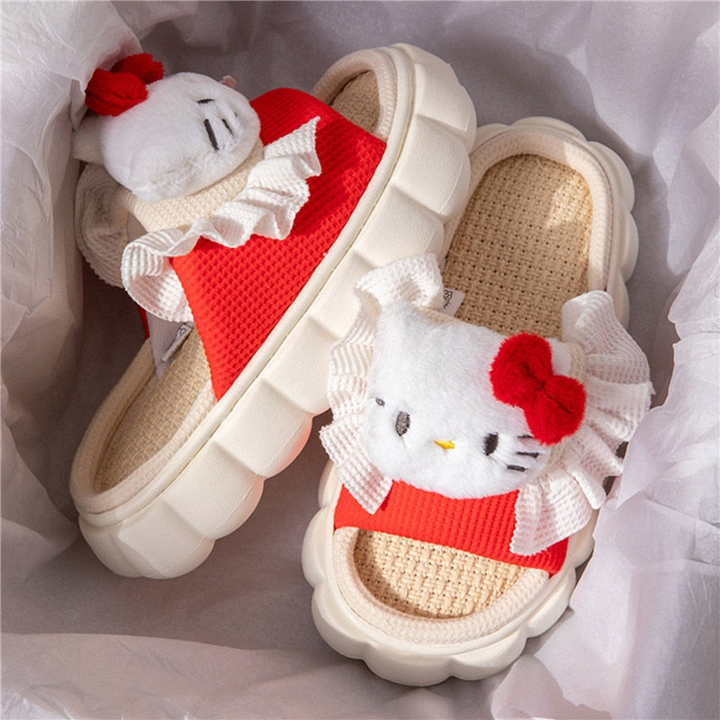 New Cute Cartoon Slipper Women Indoor Linen Casual Thick Bottom Sandals Bedroom Linen Slipper Children Spring Home Shoes Red