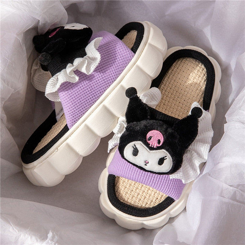 New Cute Cartoon Slipper Women Indoor Linen Casual Thick Bottom Sandals Bedroom Linen Slipper Children Spring Home Shoes Purple