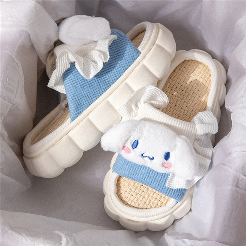 New Cute Cartoon Slipper Women Indoor Linen Casual Thick Bottom Sandals Bedroom Linen Slipper Children Spring Home Shoes Blue