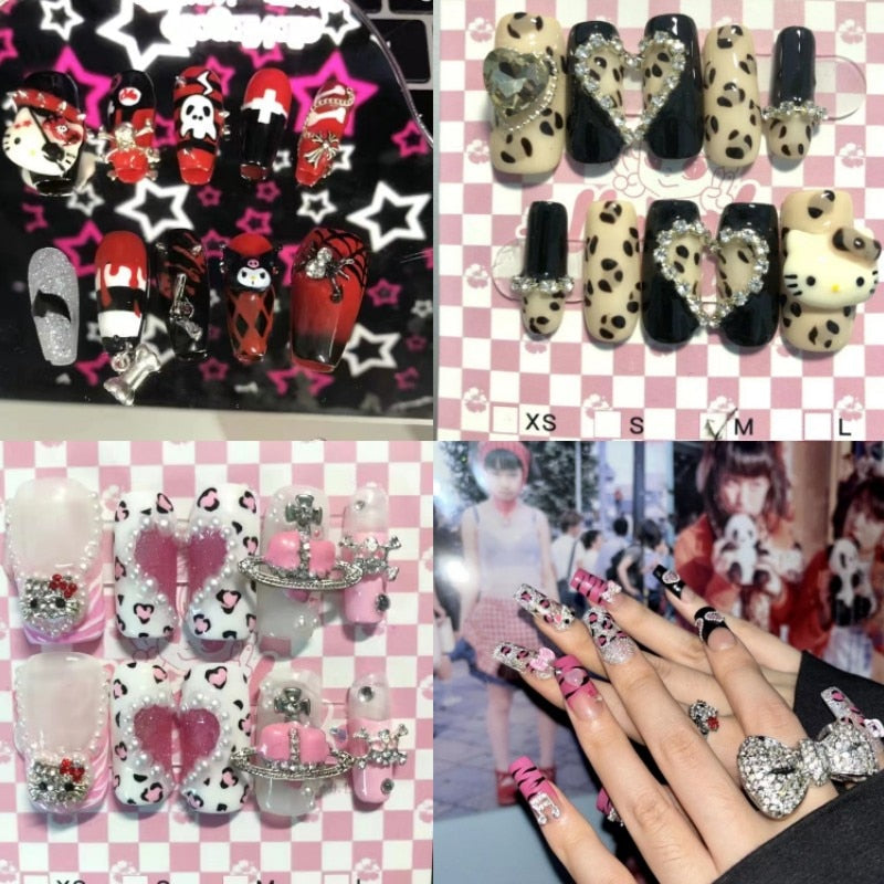 New Diy Hello Kitty Spice Girls Y2k Punk Finished Customized Sparkling Diamond Handmade Press on Nail Tips Detachable Manicure AMAIO