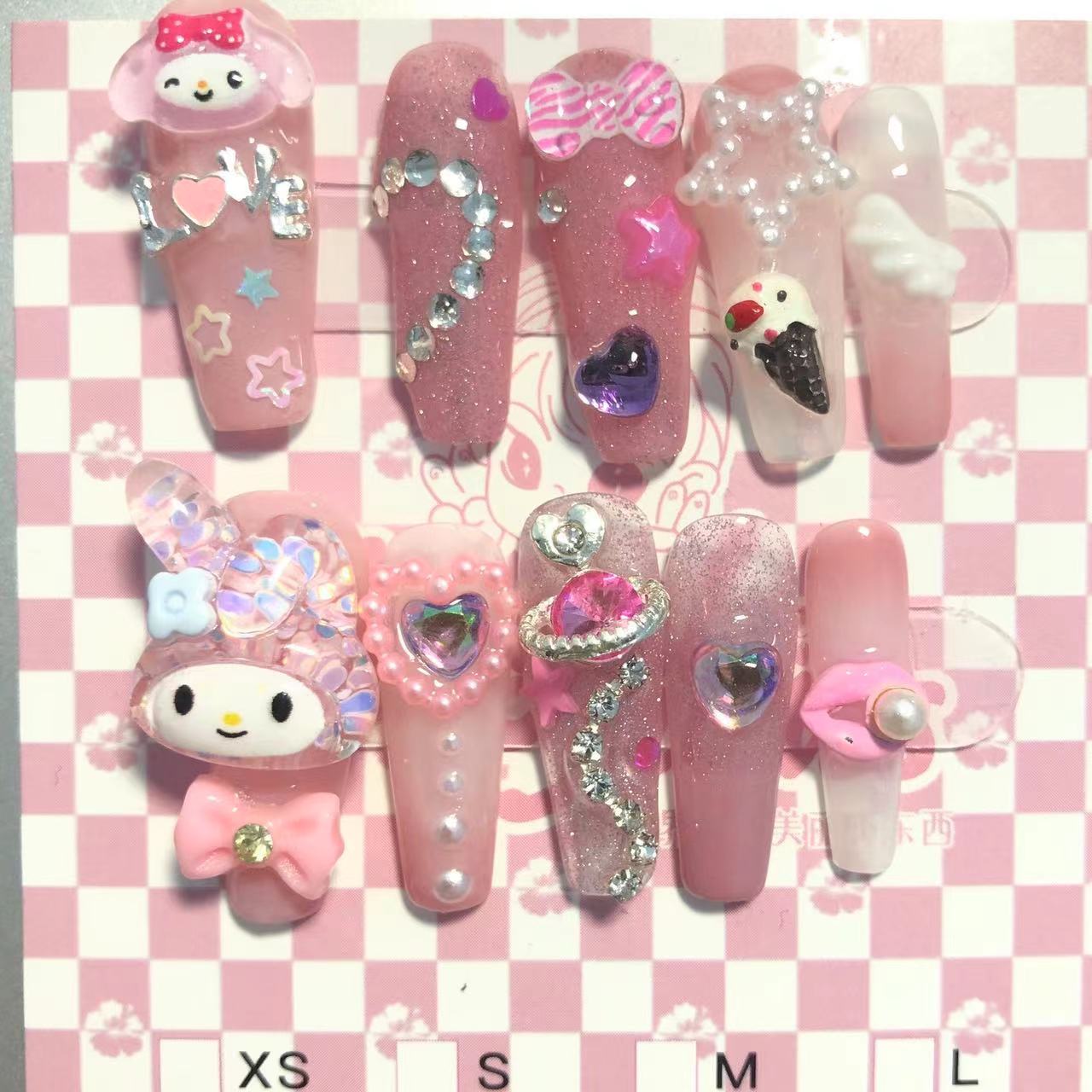 New Diy Hello Kitty Spice Girls Y2k Punk Finished Customized Sparkling Diamond Handmade Press on Nail Tips Detachable Manicure N