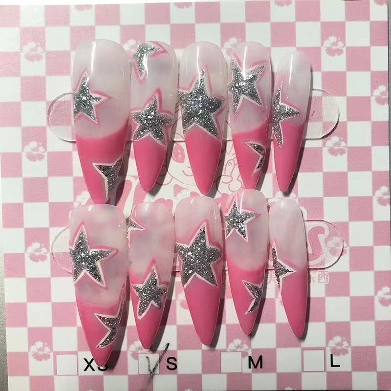 New Diy Hello Kitty Spice Girls Y2k Punk Finished Customized Sparkling Diamond Handmade Press on Nail Tips Detachable Manicure L