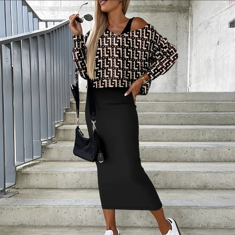 New Elegant Print Commuter Suit Autumn Holiday Street 2pc Set Fashion Bat Long Sleeve Tops+Bodycon Wrap Hip Long Skirts Outfits