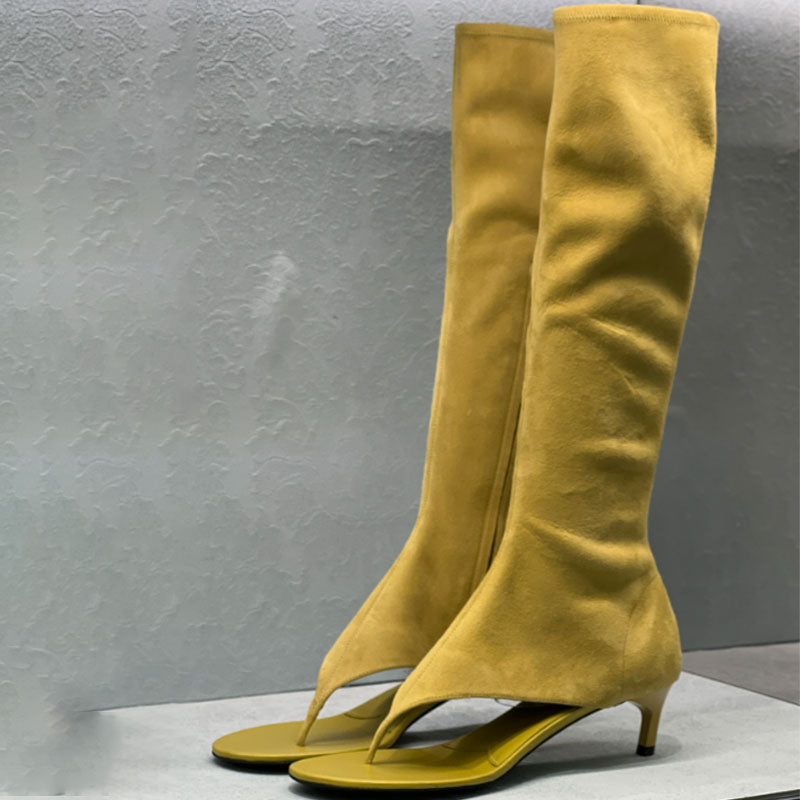 New European and American Fish Mouth Clip Toe Mid Boot, Fashionable Thin High Heel Side Zipper Women's High Tube Cool Boot 506-khaki