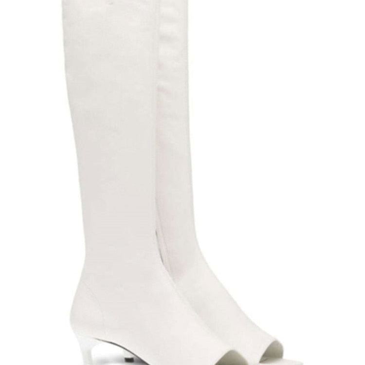 New European and American Fish Mouth Clip Toe Mid Boot, Fashionable Thin High Heel Side Zipper Women's High Tube Cool Boot 506-1-white