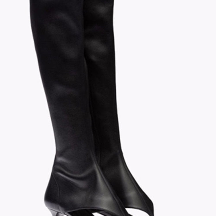 New European and American Fish Mouth Clip Toe Mid Boot, Fashionable Thin High Heel Side Zipper Women's High Tube Cool Boot 506-black