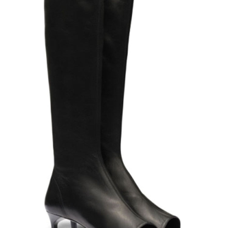 New European and American Fish Mouth Clip Toe Mid Boot, Fashionable Thin High Heel Side Zipper Women's High Tube Cool Boot 506-1-black