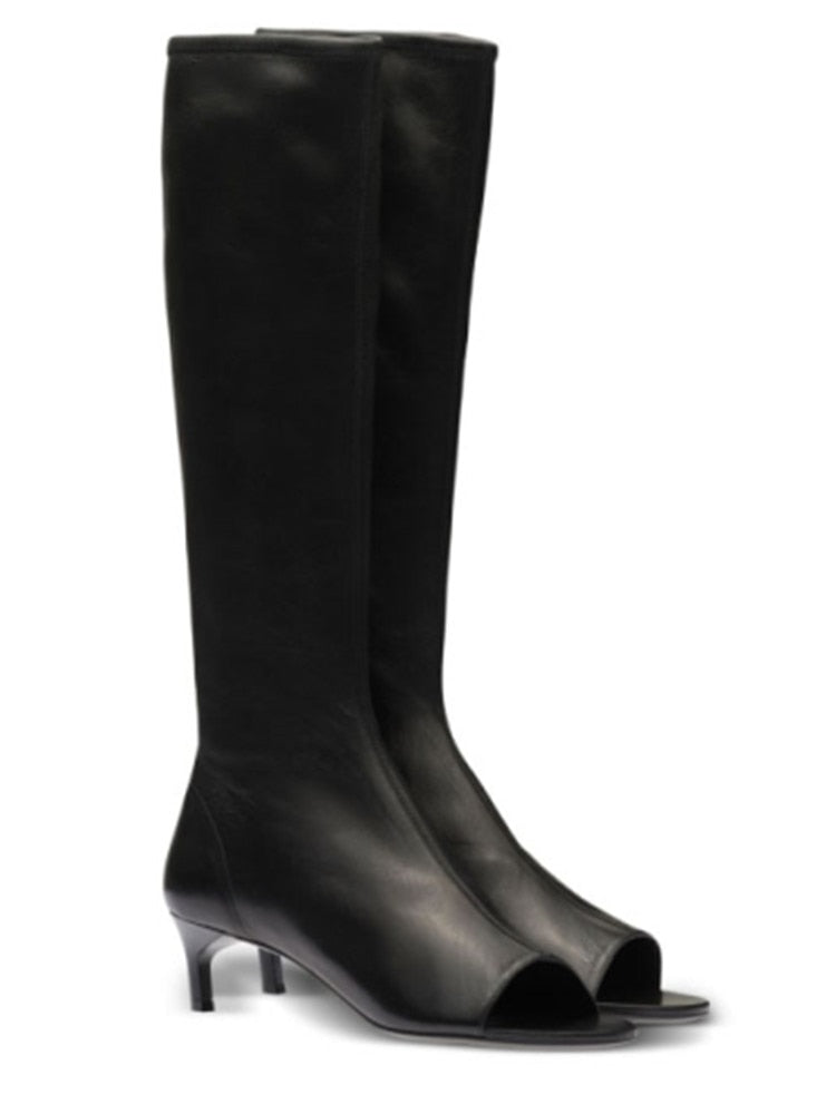 New European and American Fish Mouth Clip Toe Mid Boot, Fashionable Thin High Heel Side Zipper Women's High Tube Cool Boot 506-1-black