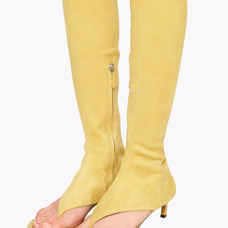New European and American Fish Mouth Clip Toe Mid Boot, Fashionable Thin High Heel Side Zipper Women's High Tube Cool Boot 506-faint yellow
