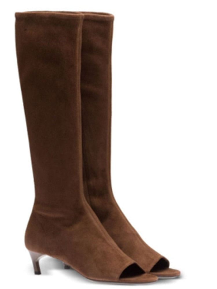 New European and American Fish Mouth Clip Toe Mid Boot, Fashionable Thin High Heel Side Zipper Women's High Tube Cool Boot 506-1-brown