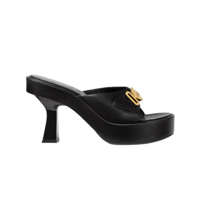 New European and American High-heeled Slippers with Thick Soles In The Summer of 2024 Fashion Metal Belt Buckle Show Sandals Black