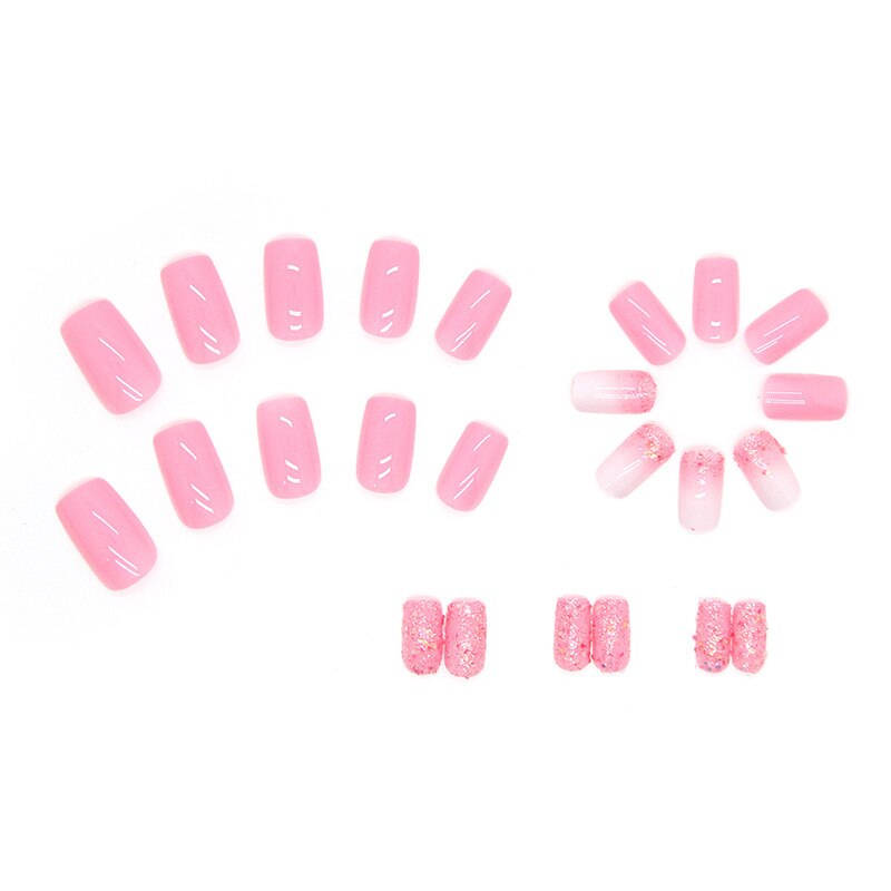 New Fake Nails Art Gel Tips Full Cover 24pcs Pink Shiny Shards With Press Glue Design Clear Short Ballet False Nails Press On