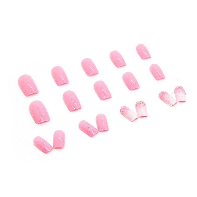 New Fake Nails Art Gel Tips Full Cover 24pcs Pink Shiny Shards With Press Glue Design Clear Short Ballet False Nails Press On