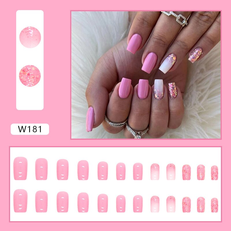 New Fake Nails Art Gel Tips Full Cover 24pcs Pink Shiny Shards With Press Glue Design Clear Short Ballet False Nails Press On
