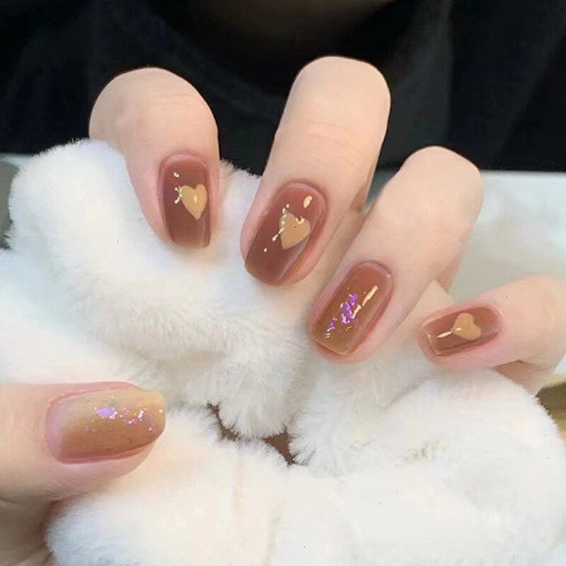 New Fake Nails Art Gel Tips Full Cover 24pcs Pink Shiny Shards With Press Glue Design Clear Short Ballet False Nails Press On QH327