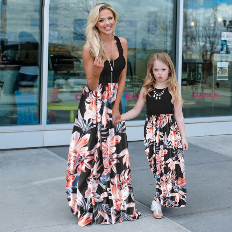 New Family Matching Maxi Tank Dress Summer Mom And Me Daughter Patchwork Floral Long Dresses For Women Mother Baby Girl Clothes Black