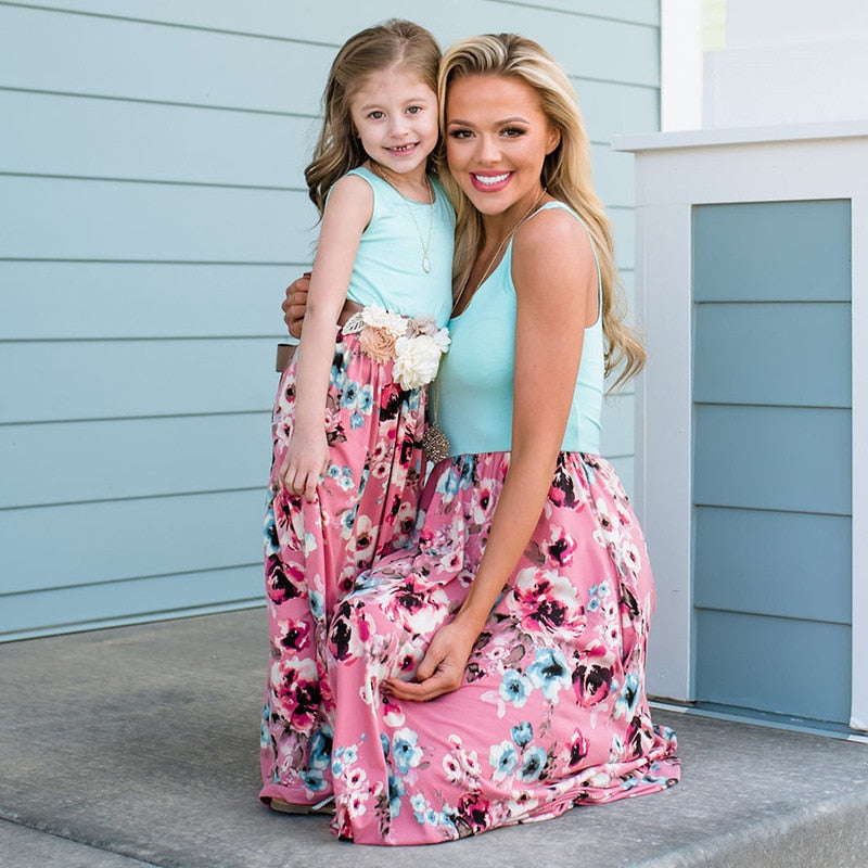 New Family Matching Maxi Tank Dress Summer Mom And Me Daughter Patchwork Floral Long Dresses For Women Mother Baby Girl Clothes Light Blue