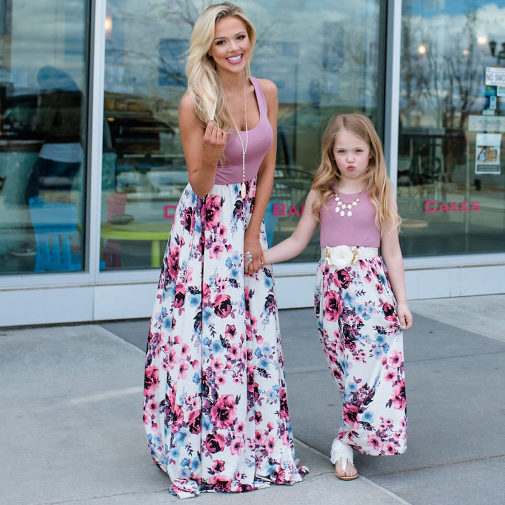 New Family Matching Maxi Tank Dress Summer Mom And Me Daughter Patchwork Floral Long Dresses For Women Mother Baby Girl Clothes Violet