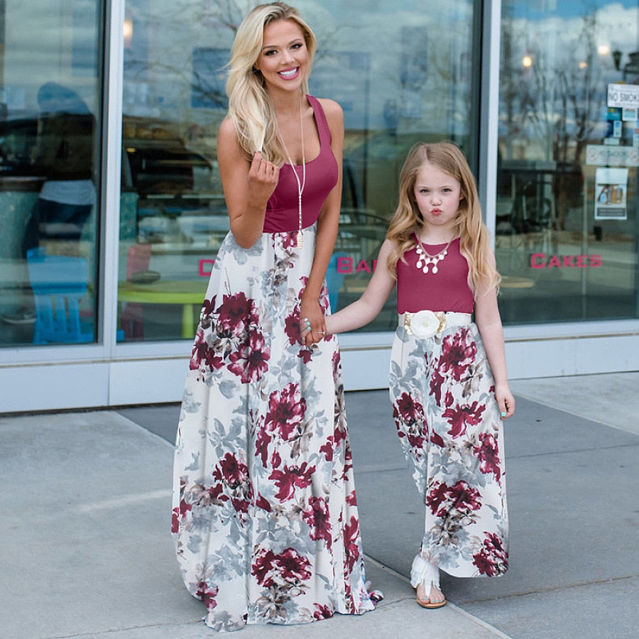 New Family Matching Maxi Tank Dress Summer Mom And Me Daughter Patchwork Floral Long Dresses For Women Mother Baby Girl Clothes Wine Red