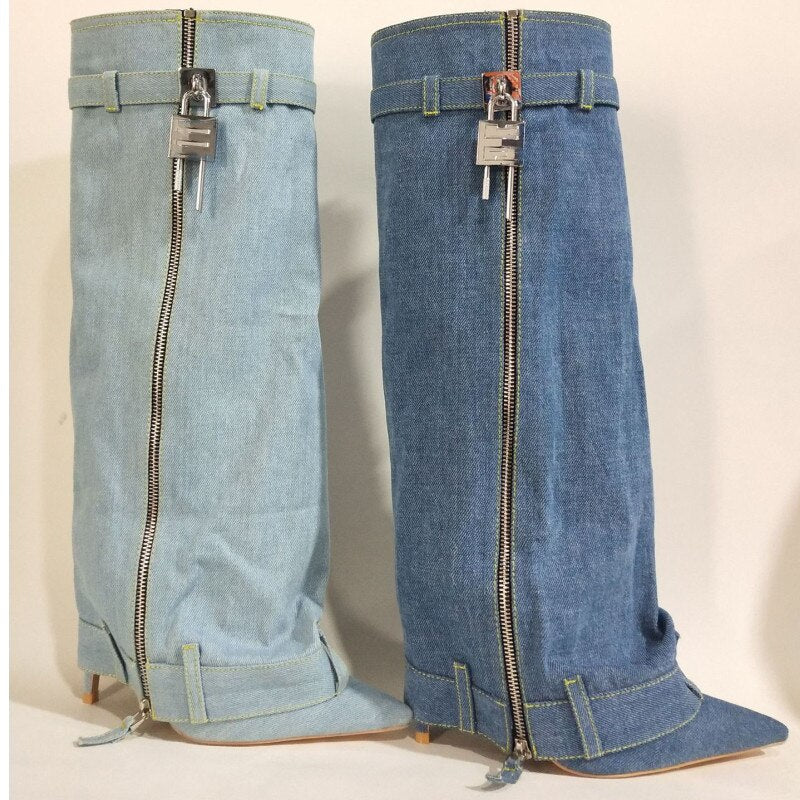 New Fashion Brand Thick Soled Cowboy Boot Round Toe Pointed High Leg Knee High Boots Slope Heel High Heel Women's Boots