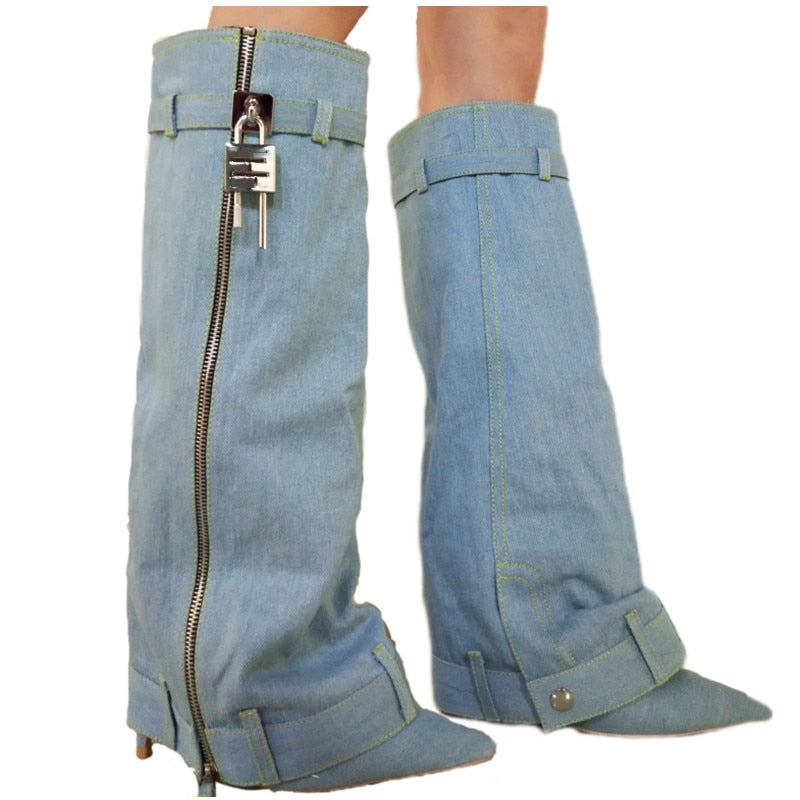 New Fashion Brand Thick Soled Cowboy Boot Round Toe Pointed High Leg Knee High Boots Slope Heel High Heel Women's Boots