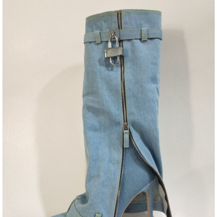 New Fashion Brand Thick Soled Cowboy Boot Round Toe Pointed High Leg Knee High Boots Slope Heel High Heel Women's Boots 6089 Light blue