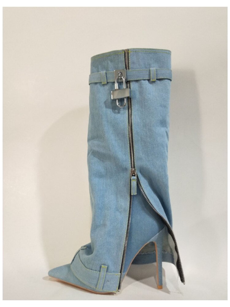 New Fashion Brand Thick Soled Cowboy Boot Round Toe Pointed High Leg Knee High Boots Slope Heel High Heel Women's Boots 6089 Light blue