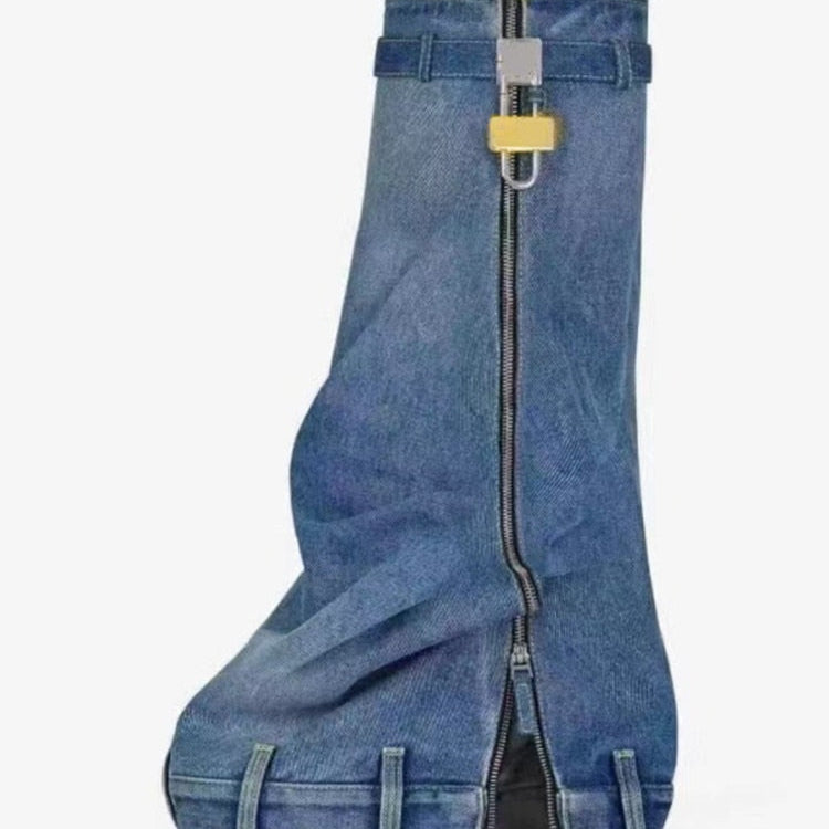 New Fashion Brand Thick Soled Cowboy Boot Round Toe Pointed High Leg Knee High Boots Slope Heel High Heel Women's Boots Denim blue