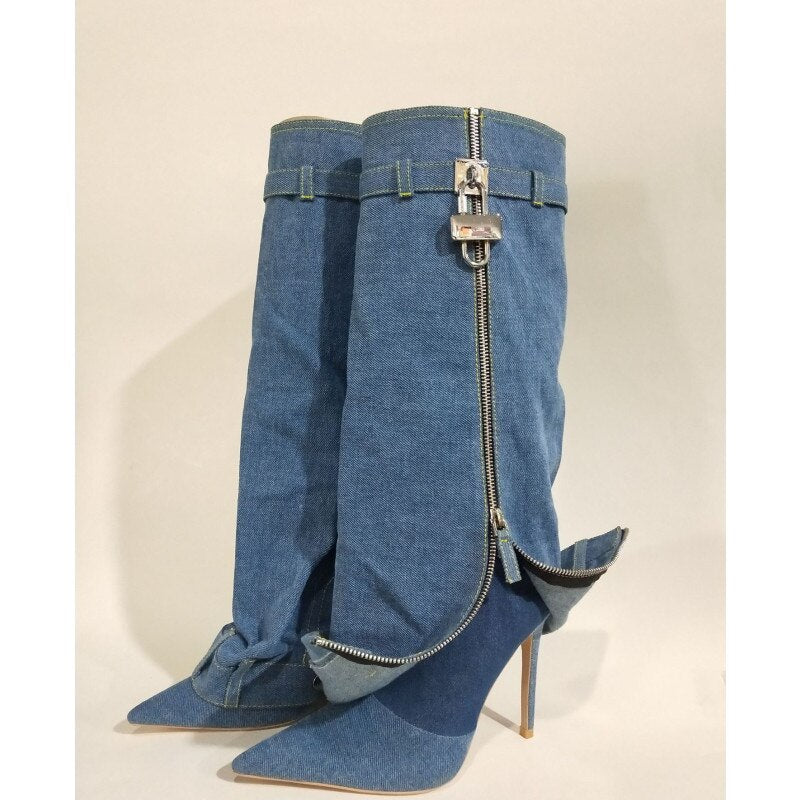 New Fashion Brand Thick Soled Cowboy Boot Round Toe Pointed High Leg Knee High Boots Slope Heel High Heel Women's Boots