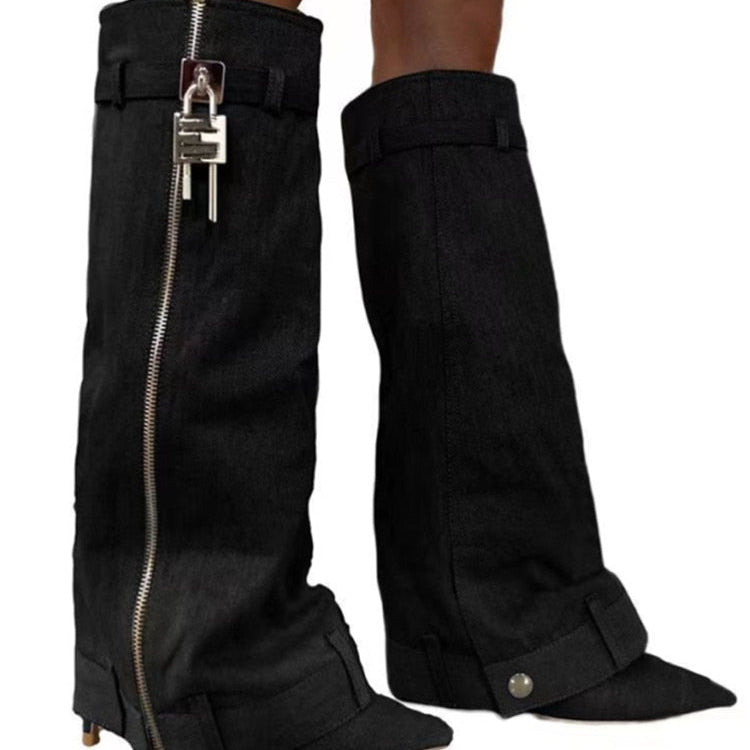 New Fashion Brand Thick Soled Cowboy Boot Round Toe Pointed High Leg Knee High Boots Slope Heel High Heel Women's Boots 6089 black