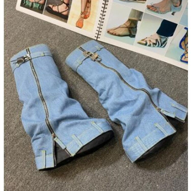 New Fashion Brand Thick Soled Cowboy Boot Round Toe Pointed High Leg Knee High Boots Slope Heel High Heel Women's Boots Light blue