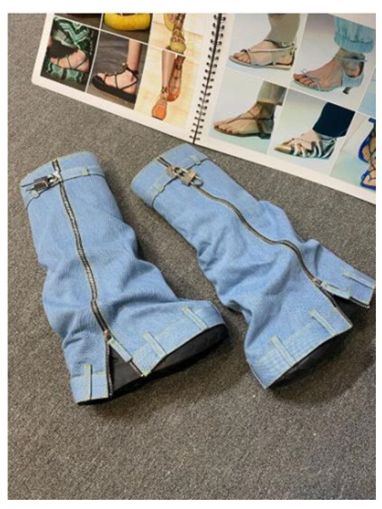 New Fashion Brand Thick Soled Cowboy Boot Round Toe Pointed High Leg Knee High Boots Slope Heel High Heel Women's Boots Light blue