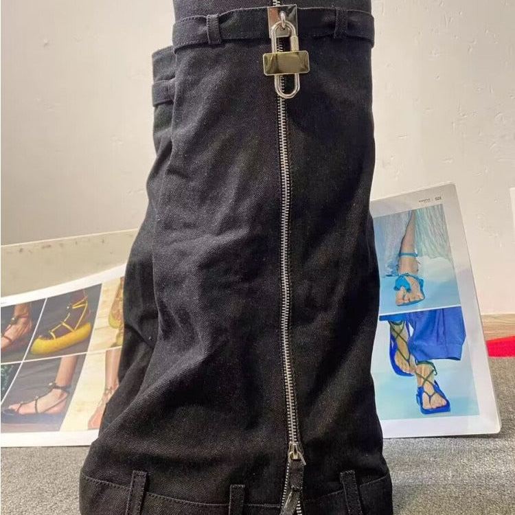 New Fashion Brand Thick Soled Cowboy Boot Round Toe Pointed High Leg Knee High Boots Slope Heel High Heel Women's Boots black