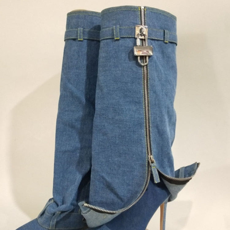 New Fashion Brand Thick Soled Cowboy Boot Round Toe Pointed High Leg Knee High Boots Slope Heel High Heel Women's Boots 6089 Deep blue