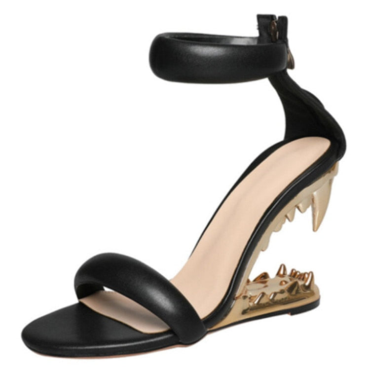 New Fashion Metal Teeth Shaped Heel Sandals Round Toe Back Zipper Women's Dress Large Women's Sandals Summer Blac3