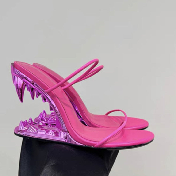 New Fashion Metal Teeth Shaped Heel Sandals Round Toe Back Zipper Women's Dress Large Women's Sandals Summer rose red 1