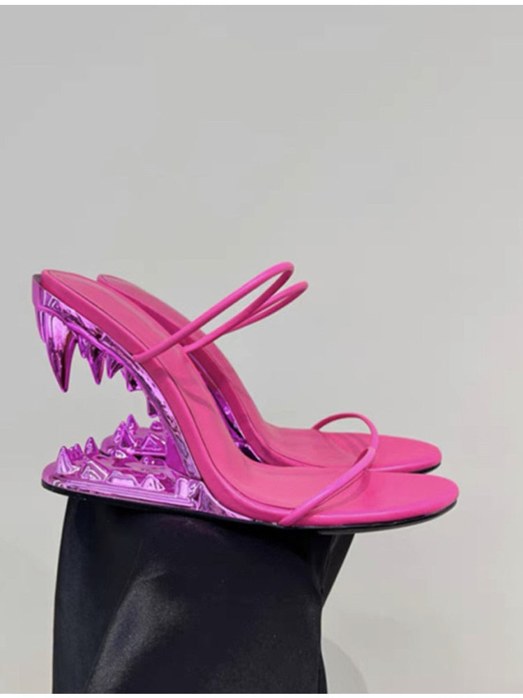 New Fashion Metal Teeth Shaped Heel Sandals Round Toe Back Zipper Women's Dress Large Women's Sandals Summer rose red 1