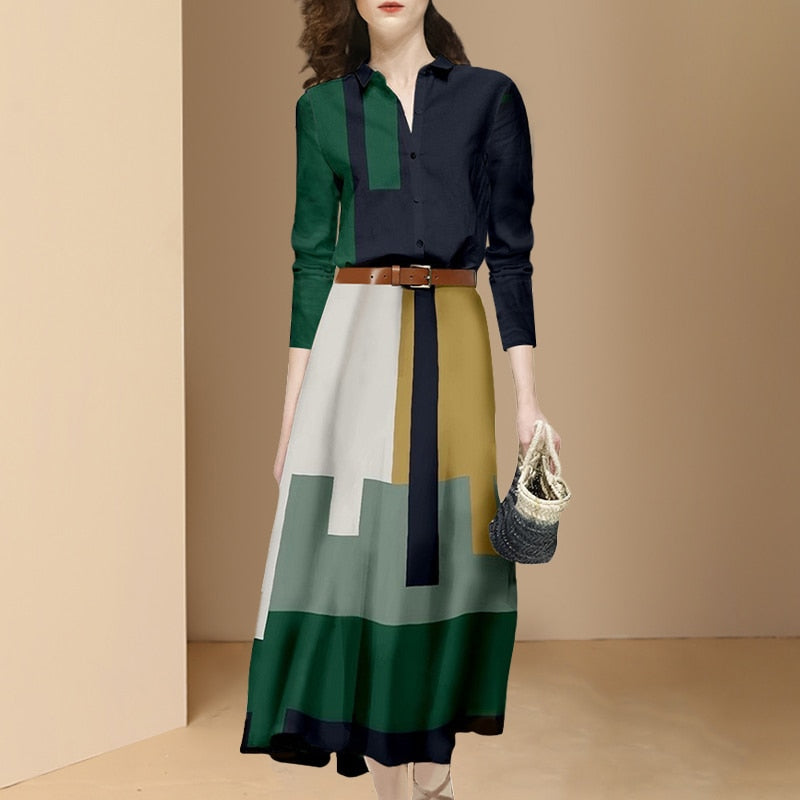 New Fashion Office Suits Women Spring Fall Long Sleeve Hit Color Shirts Top High Waist Midi A-Line Belt Slim Skirt Two Piece Set picture color