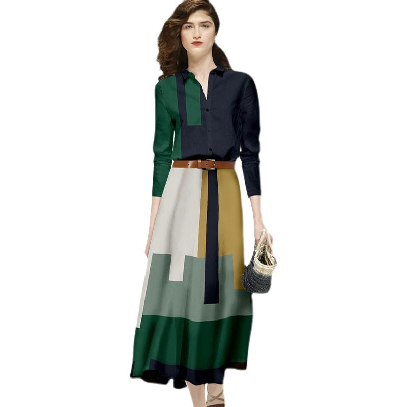 New Fashion Office Suits Women Spring Fall Long Sleeve Hit Color Shirts Top High Waist Midi A-Line Belt Slim Skirt Two Piece Set