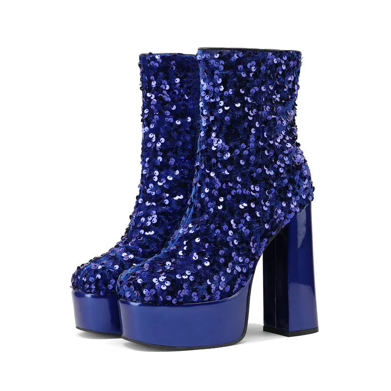 New Fashion Sequined Women Boots Platform Square High Heel Ankle Boots Autumn Winter Female Punk Boots Purple Blue Pink Gold Blue
