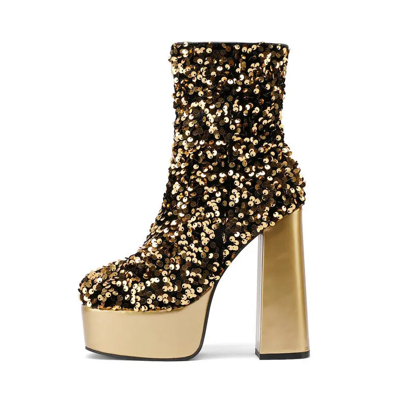 New Fashion Sequined Women Boots Platform Square High Heel Ankle Boots Autumn Winter Female Punk Boots Purple Blue Pink Gold Gold