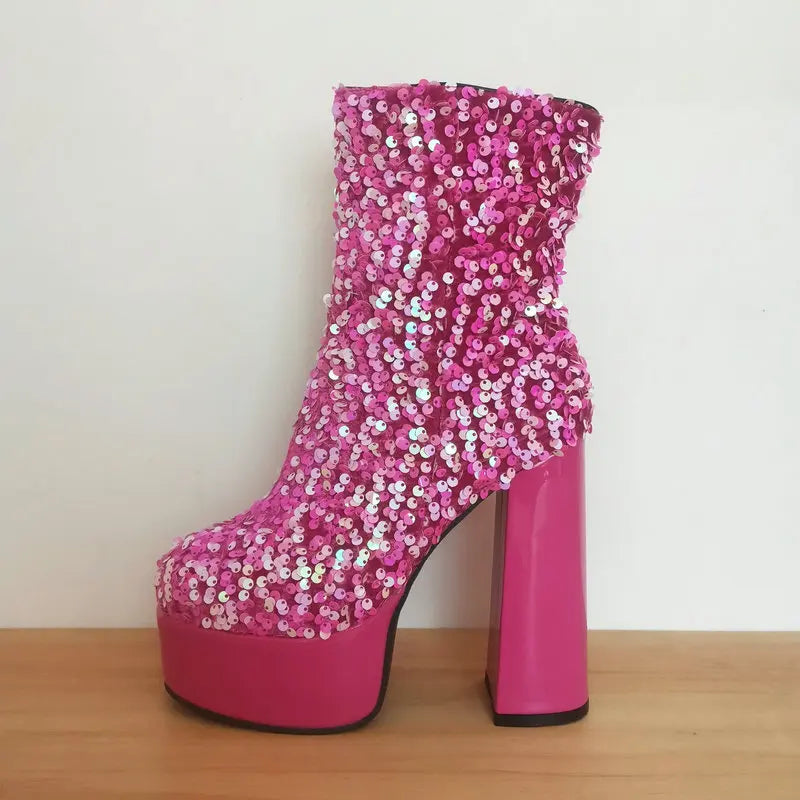 New Fashion Sequined Women Boots Platform Square High Heel Ankle Boots Autumn Winter Female Punk Boots Purple Blue Pink Gold
