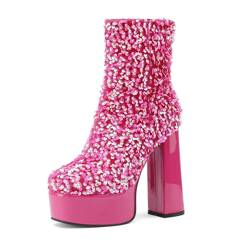 New Fashion Sequined Women Boots Platform Square High Heel Ankle Boots Autumn Winter Female Punk Boots Purple Blue Pink Gold AMAIO