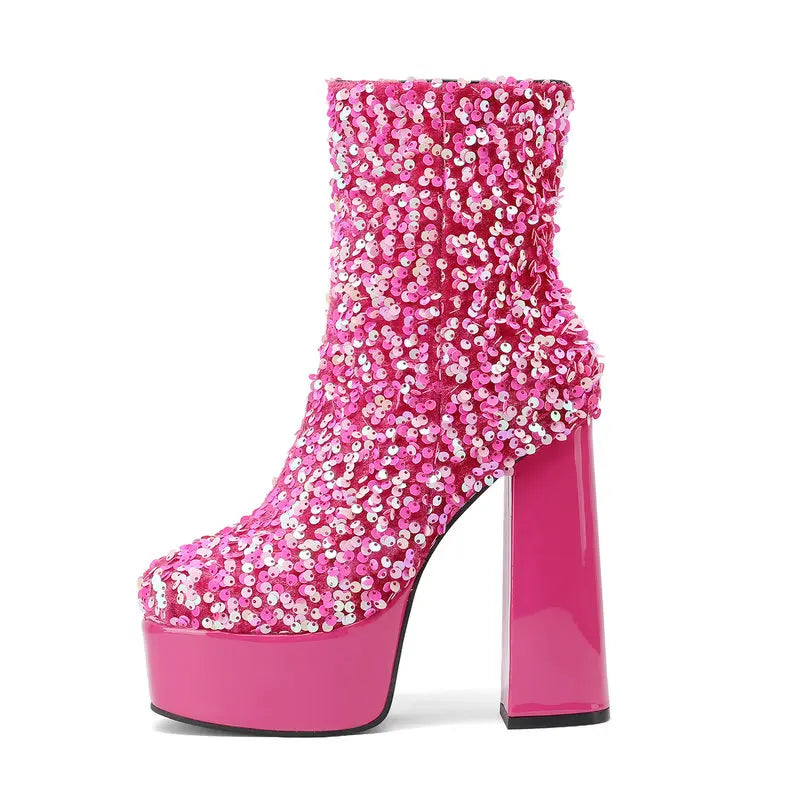 New Fashion Sequined Women Boots Platform Square High Heel Ankle Boots Autumn Winter Female Punk Boots Purple Blue Pink Gold Pink